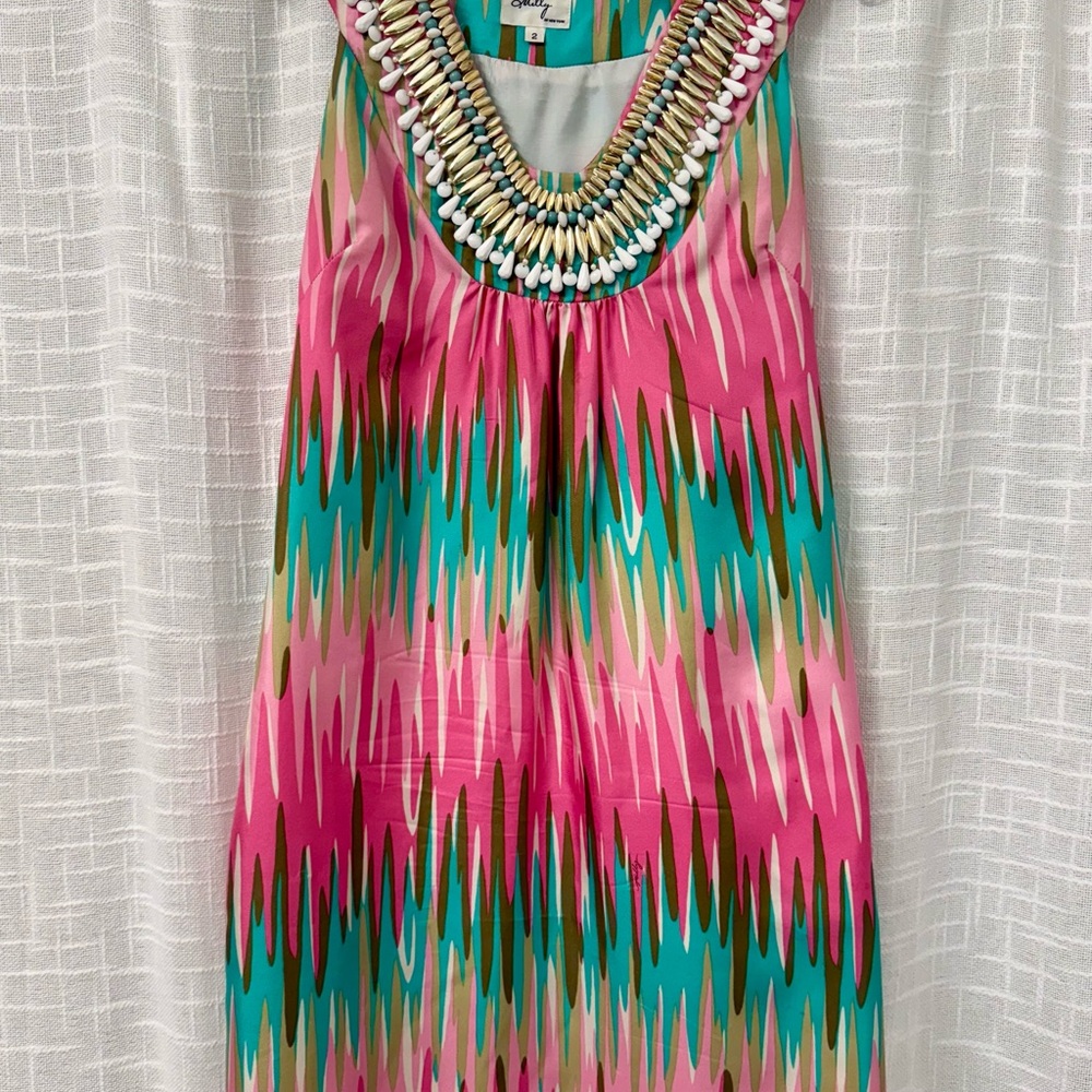 Milly Pink and Blue Sleeveless Sundress with Bib Collar